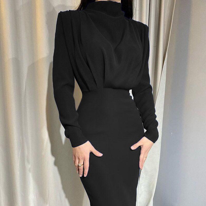 European and American foreign trade 2022 autumn new fashion temperament waist waist western style solid color long-sleeved dress wholesale - ItemBear.com