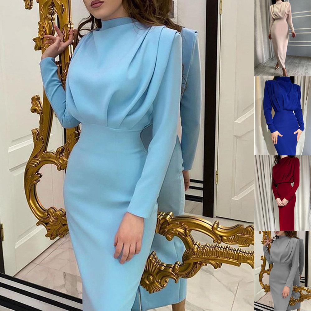 European and American foreign trade 2022 autumn new fashion temperament waist waist western style solid color long-sleeved dress wholesale - ItemBear.com