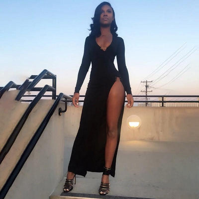 European and American spring new 21411P solid color slim long-sleeved sexy high slit pin dress wholesale - ItemBear.com