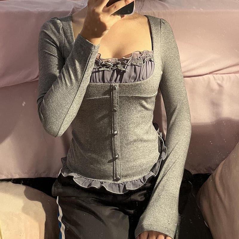 Fairycore Square Neck Lace Long Sleeve Top - ItemBear.com