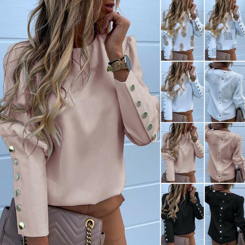 Fashion Women Metal Button Long Sleeve Shirts Ladies Casual O-Neck Solid Print Blouses Fall European Clothes - ItemBear.com