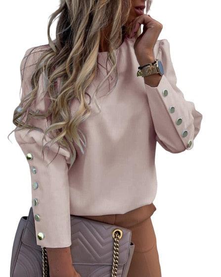 Fashion Women Metal Button Long Sleeve Shirts Ladies Casual O-Neck Solid Print Blouses Fall European Clothes - ItemBear.com
