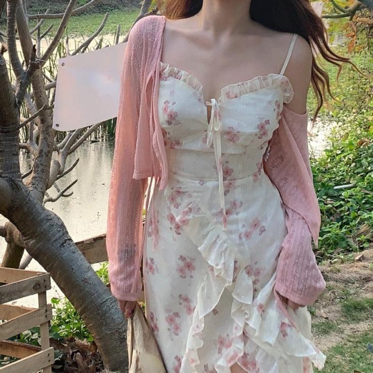 Floral Pink Ruffle Lace Midi Dress - ItemBear.com