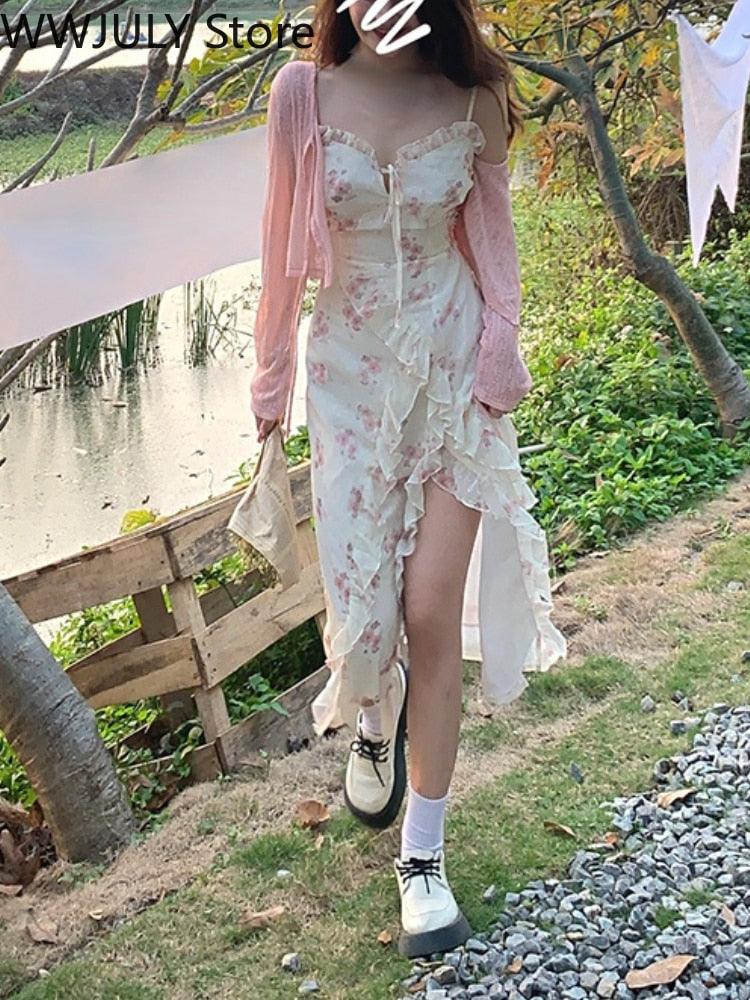 Floral Pink Ruffle Lace Midi Dress - ItemBear.com