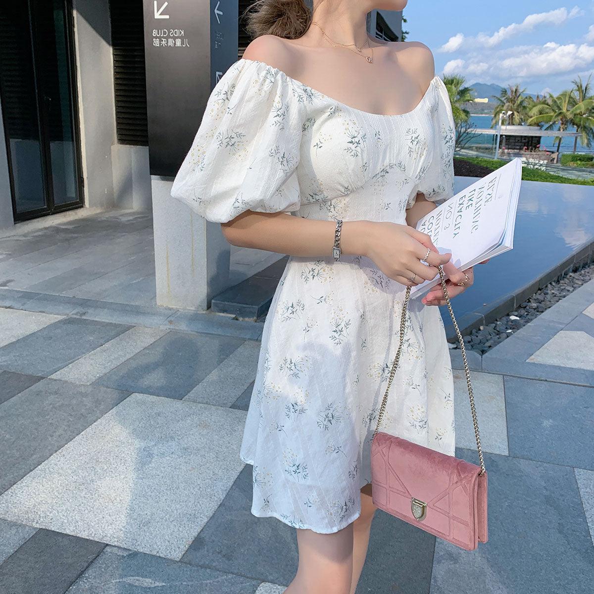 French Puff Sleeve Blue Floral Mini Dress - ItemBear.com