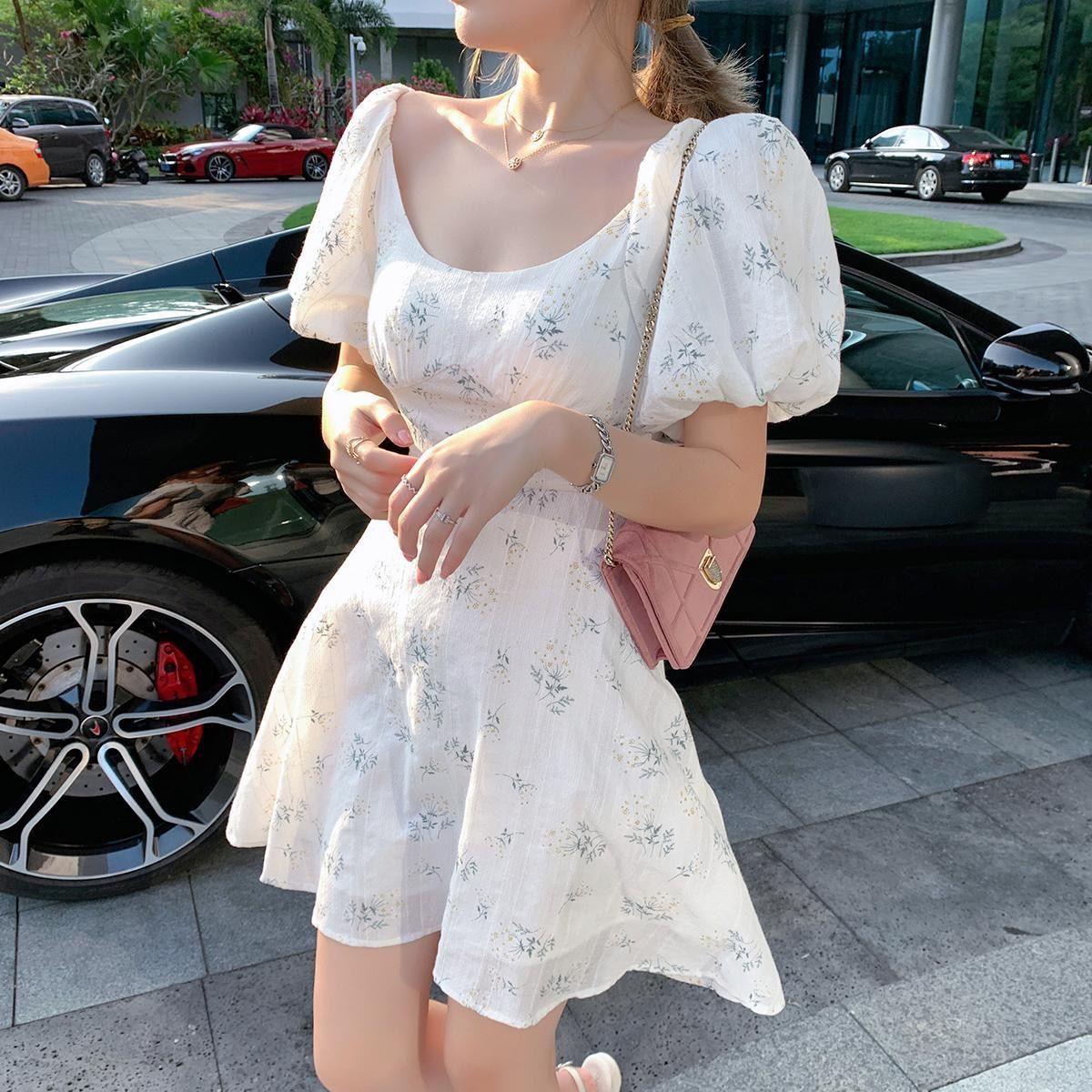 French Puff Sleeve Blue Floral Mini Dress - ItemBear.com