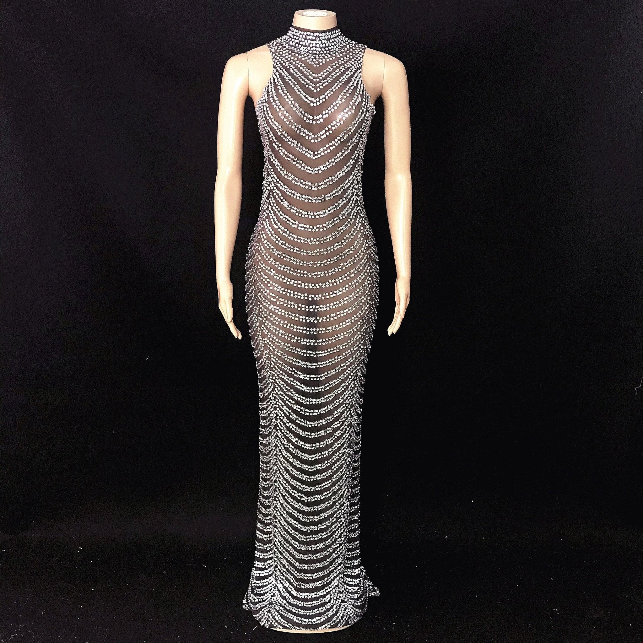 Full Gold Rhinestones Transparent Mesh Long Dress Women Birthday Celebrate Dress High Neck Outfit Bar Dance Show Dress - ItemBear.com
