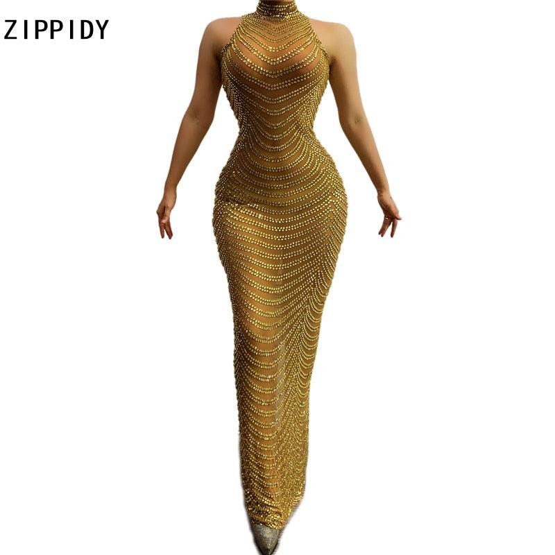 Full Gold Rhinestones Transparent Mesh Long Dress Women Birthday Celebrate Dress High Neck Outfit Bar Dance Show Dress - ItemBear.com