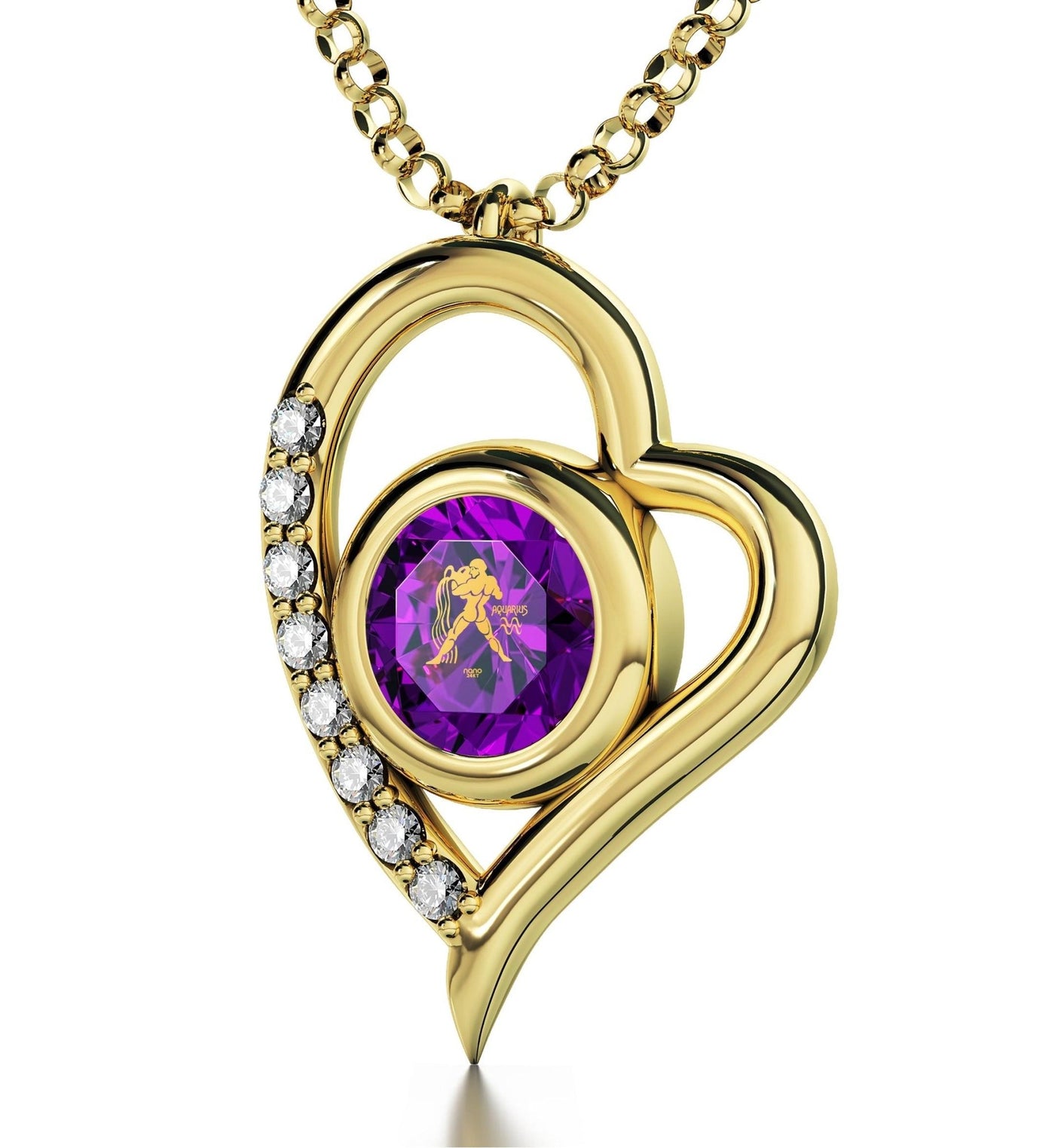 Gold Plated Silver Zodiac Heart Pendant Aquarius Necklace 24k Gold inscribed on Crystal - ItemBear.com