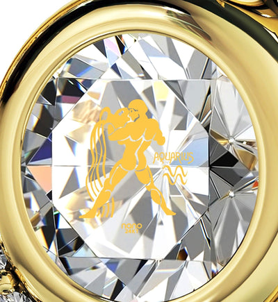 Gold Plated Silver Zodiac Heart Pendant Aquarius Necklace 24k Gold inscribed on Crystal - ItemBear.com