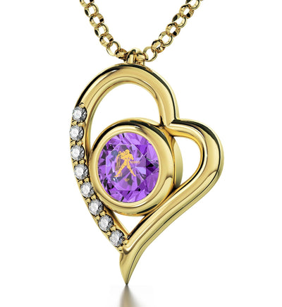 Gold Plated Silver Zodiac Heart Pendant Aquarius Necklace 24k Gold inscribed on Crystal - ItemBear.com