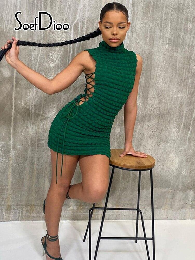 High Neck Solid Sleeve Lace Up Mini Dress - ItemBear.com