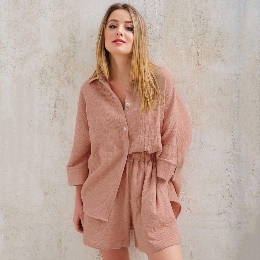 HiLoc Casual Sleepwear Cotton Pajamas For Women Sets Suit Turn-Down Collar Nine Quarter Sleeve Sleep Tops Shorts Female Homewear - ItemBear.com