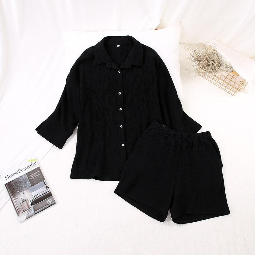 HiLoc Casual Sleepwear Cotton Pajamas For Women Sets Suit Turn-Down Collar Nine Quarter Sleeve Sleep Tops Shorts Female Homewear - ItemBear.com