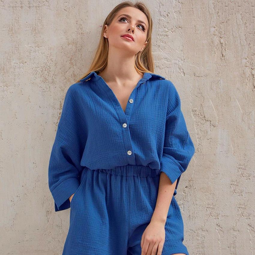 HiLoc Casual Sleepwear Cotton Pajamas For Women Sets Suit Turn-Down Collar Nine Quarter Sleeve Sleep Tops Shorts Female Homewear - ItemBear.com