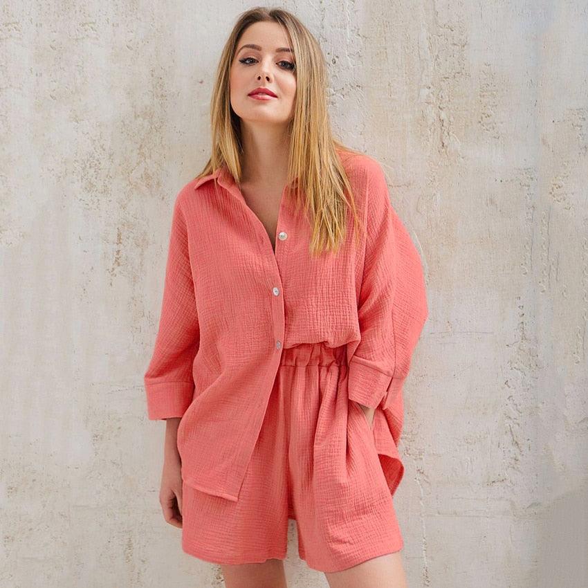 HiLoc Casual Sleepwear Cotton Pajamas For Women Sets Suit Turn-Down Collar Nine Quarter Sleeve Sleep Tops Shorts Female Homewear - ItemBear.com