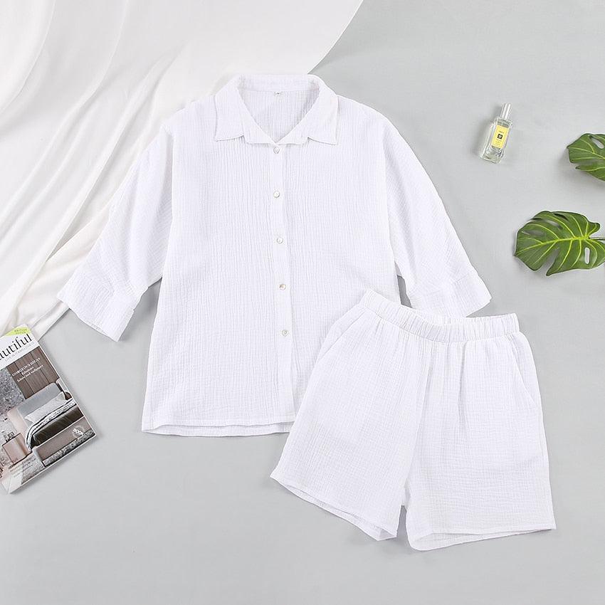 HiLoc Casual Sleepwear Cotton Pajamas For Women Sets Suit Turn-Down Collar Nine Quarter Sleeve Sleep Tops Shorts Female Homewear - ItemBear.com