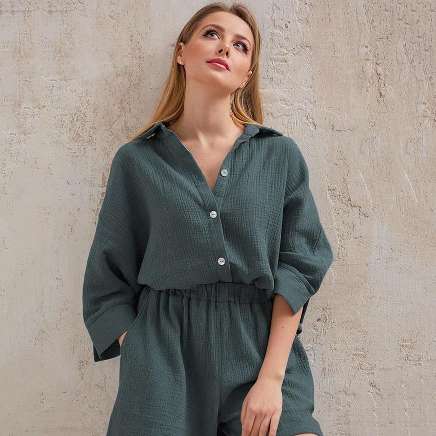 HiLoc Casual Sleepwear Cotton Pajamas For Women Sets Suit Turn-Down Collar Nine Quarter Sleeve Sleep Tops Shorts Female Homewear - ItemBear.com