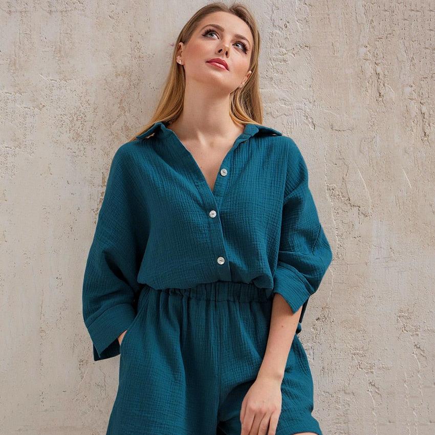HiLoc Casual Sleepwear Cotton Pajamas For Women Sets Suit Turn-Down Collar Nine Quarter Sleeve Sleep Tops Shorts Female Homewear - ItemBear.com