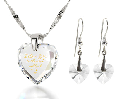 I Love You to the Moon and Back Necklace 24k Gold Inscribed and Crystal Heart Earrings - ItemBear.com