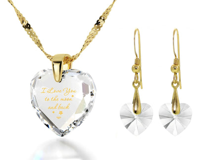 I Love You to the Moon and Back Necklace 24k Gold Inscribed and Crystal Heart Earrings - ItemBear.com
