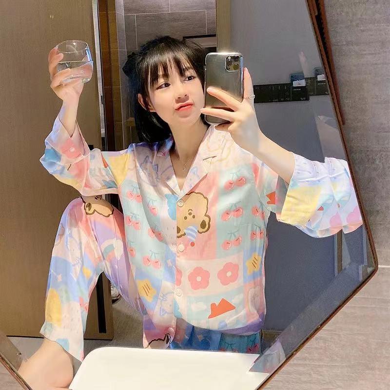 Korean version of grid cute spring and autumn can be worn outside home clothes suit students 2021 new pajamas female spring thin section - ItemBear.com