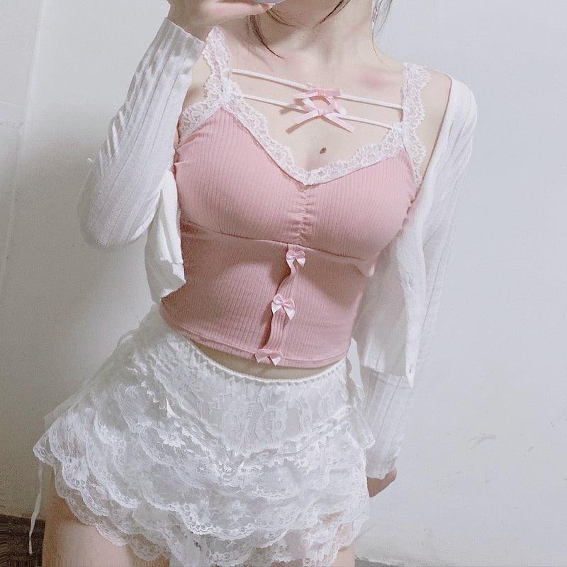 Lace Trim Pink Crop Top - ItemBear.com