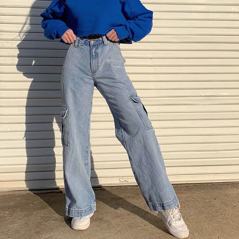 Light Blue Denim High Waisted Cargo Jeans - ItemBear.com