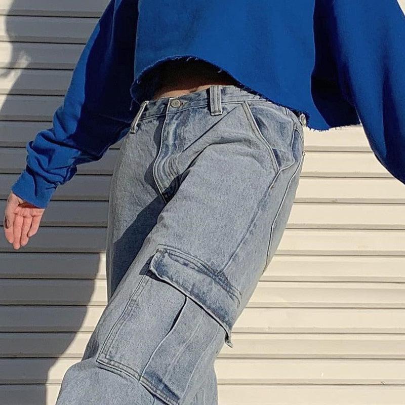 Light Blue Denim High Waisted Cargo Jeans - ItemBear.com