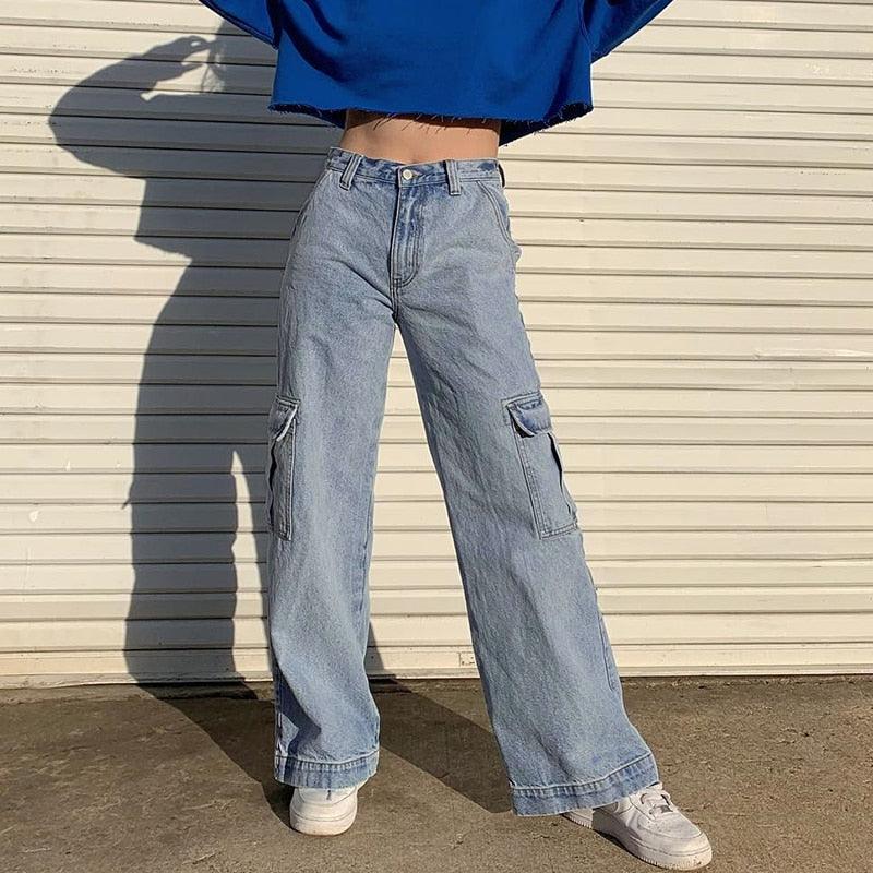 Light Blue Denim High Waisted Cargo Jeans - ItemBear.com