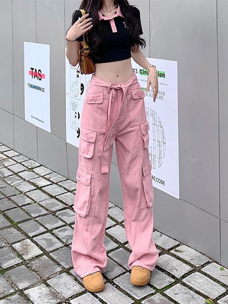 new American retro multi-pocket old overalls women's cool street loose slim straight trousers trendy - ItemBear.com