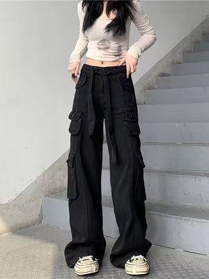 new American retro multi-pocket old overalls women's cool street loose slim straight trousers trendy - ItemBear.com