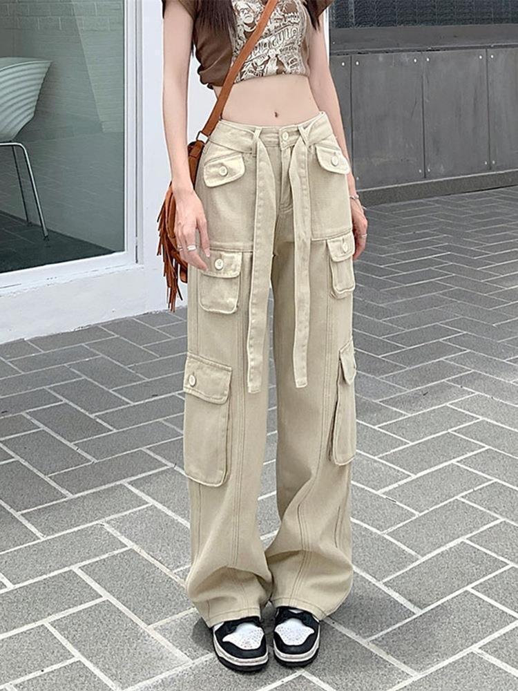 new American retro multi-pocket old overalls women's cool street loose slim straight trousers trendy - ItemBear.com