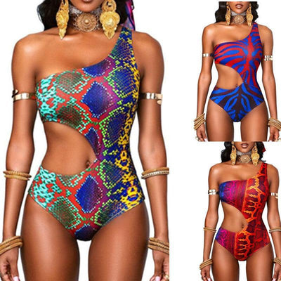 new bikini women's one-piece hollow digital printing one-shoulder slim sexy European and American M2057 - ItemBear.com