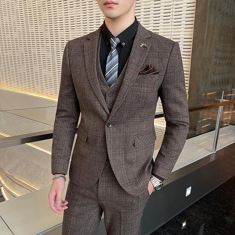 new men's plaid suit business casual banquet dress Korean suit three-piece suit - ItemBear.com