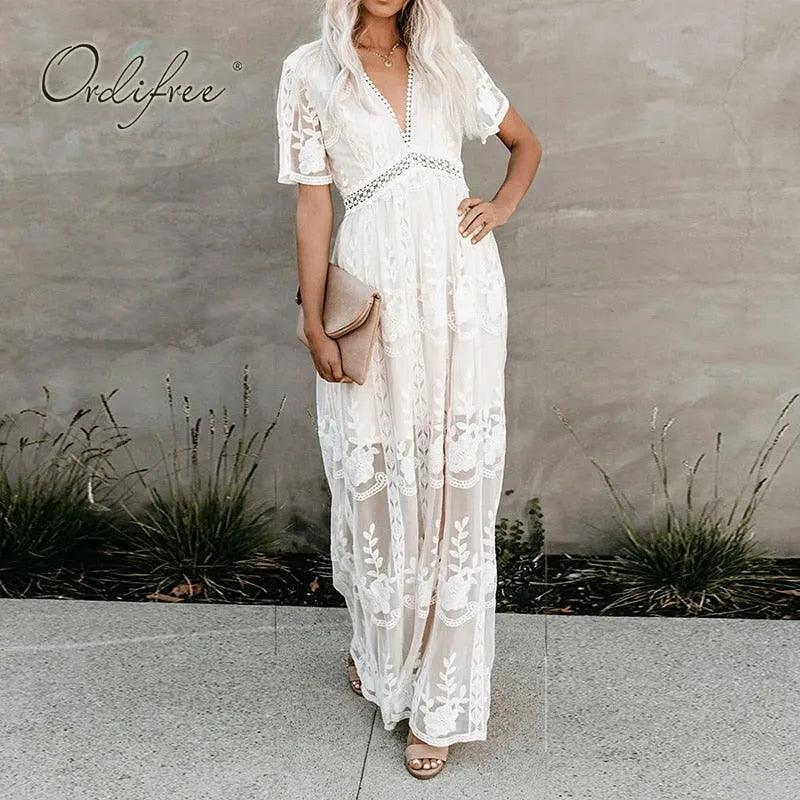 Ordifree 2022 Summer Boho Women Maxi Dress Loose Embroidery White Lace Long Tunic Beach Dress Vacation Holiday Clothes - ItemBear.com
