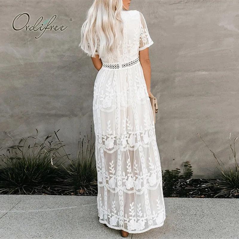 Ordifree 2022 Summer Boho Women Maxi Dress Loose Embroidery White Lace Long Tunic Beach Dress Vacation Holiday Clothes - ItemBear.com