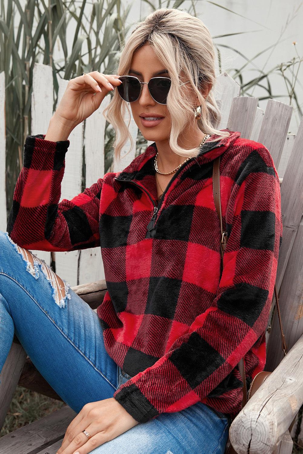 Plaid Print 1/4 Collar Sweatshirt - ItemBear.com