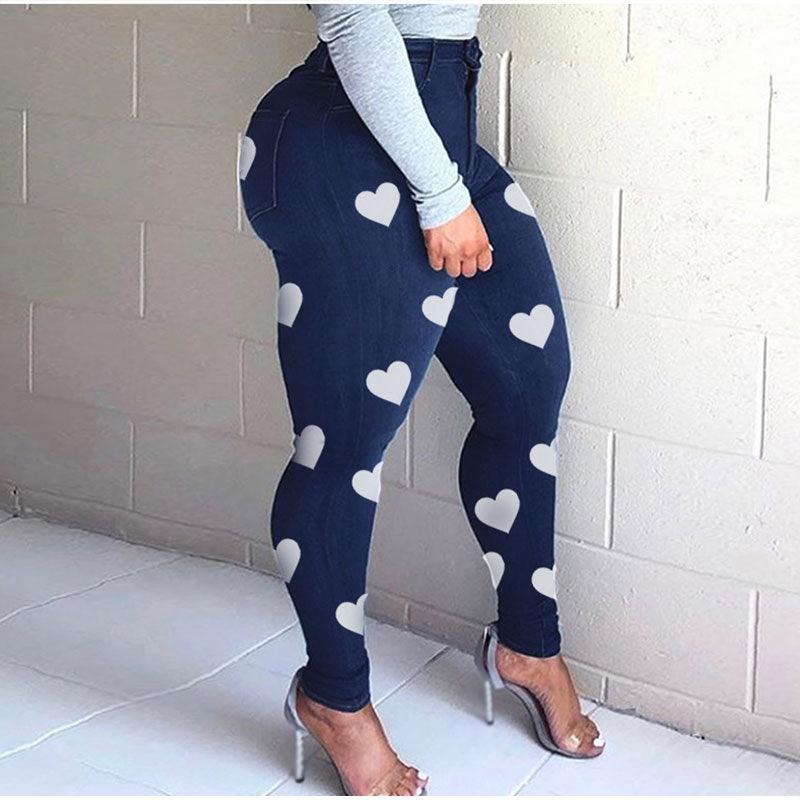 Plus Size Heart Print Skinny Distressed Jeans Mom Vintage Streetwear Women Blue Stretchy Sexy Melody Pencil Denim Pants Y2K - ItemBear.com