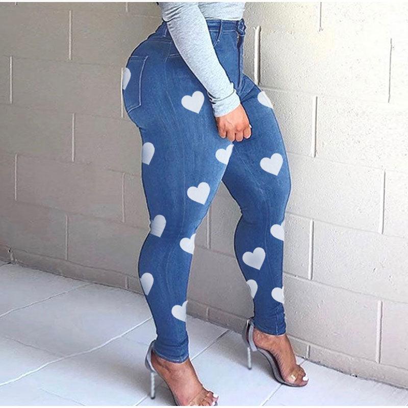 Plus Size Heart Print Skinny Distressed Jeans Mom Vintage Streetwear Women Blue Stretchy Sexy Melody Pencil Denim Pants Y2K - ItemBear.com