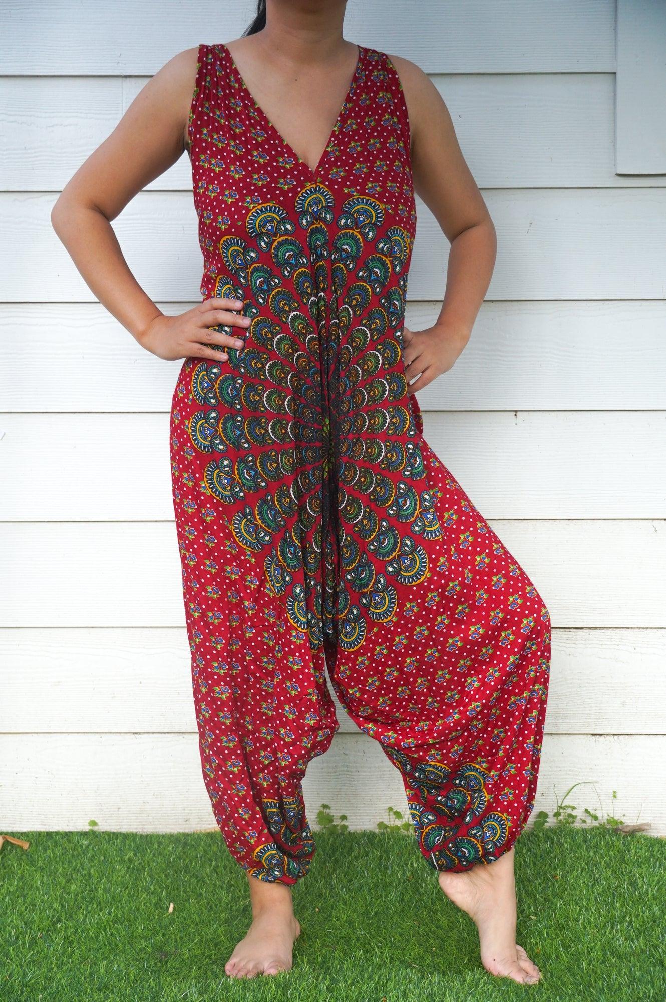 Red Chakra Hippie Jumpsuits, Boho Rompers, Festival Clothing - ItemBear.com