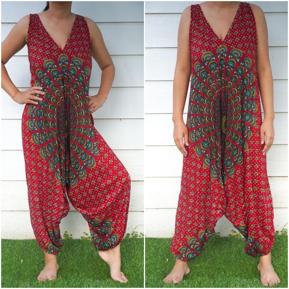 Red Chakra Hippie Jumpsuits, Boho Rompers, Festival Clothing - ItemBear.com
