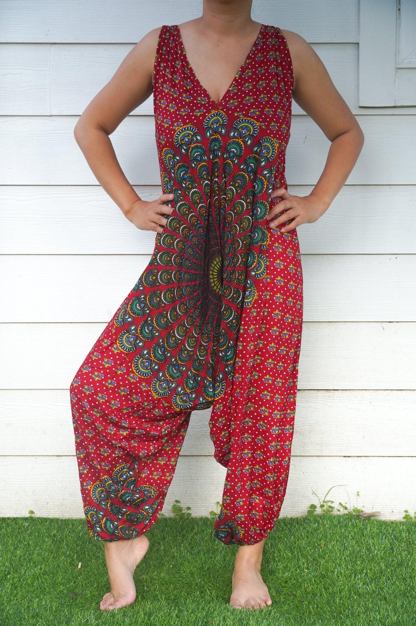 Red Chakra Hippie Jumpsuits, Boho Rompers, Festival Clothing - ItemBear.com