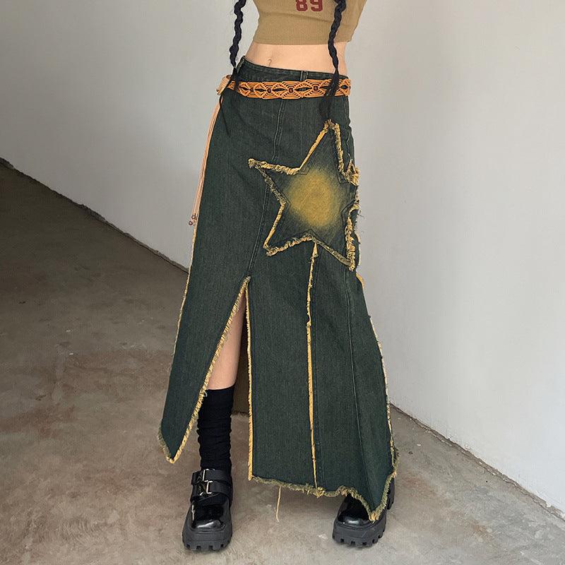 Retro fishtail denim skirt women's American style 2022 new five-pointed star split design bag hip over the knee casual long skirt - ItemBear.com