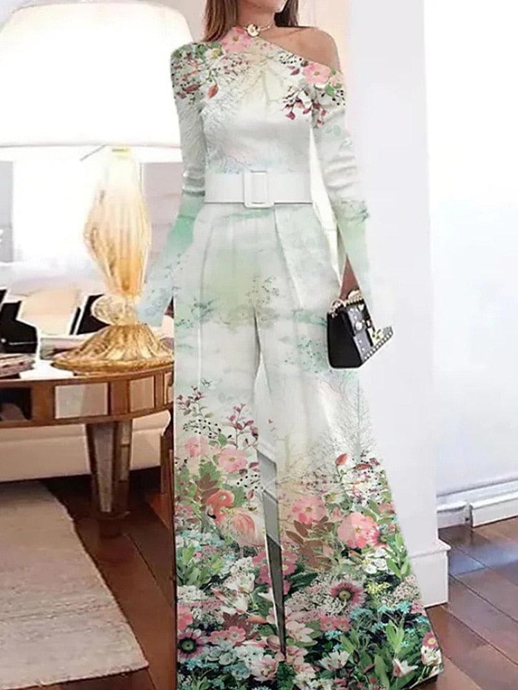 Sexy Off Shoulder Irregular Long Sleeved Romper Casual High Waist Drape Overalls Fashion Temperament Lady Printed Party Jumpsuit - ItemBear.com