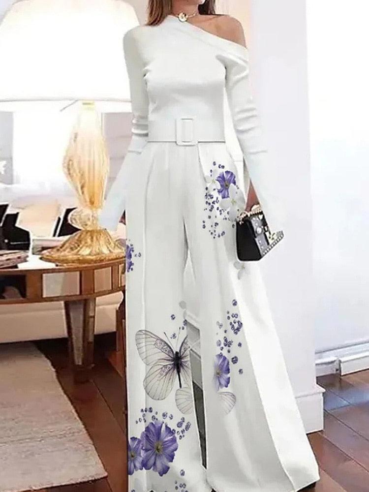 Sexy Off Shoulder Irregular Long Sleeved Romper Casual High Waist Drape Overalls Fashion Temperament Lady Printed Party Jumpsuit - ItemBear.com