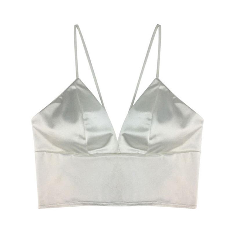 Sexy Satin Crop Tops Women Wireless Bralette Crochet Top Female Spaghetti Strap T-shirt Cropped With Chest Padded Camisole Camis - ItemBear.com