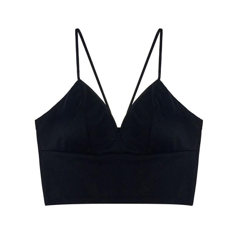 Sexy Satin Crop Tops Women Wireless Bralette Crochet Top Female Spaghetti Strap T-shirt Cropped With Chest Padded Camisole Camis - ItemBear.com