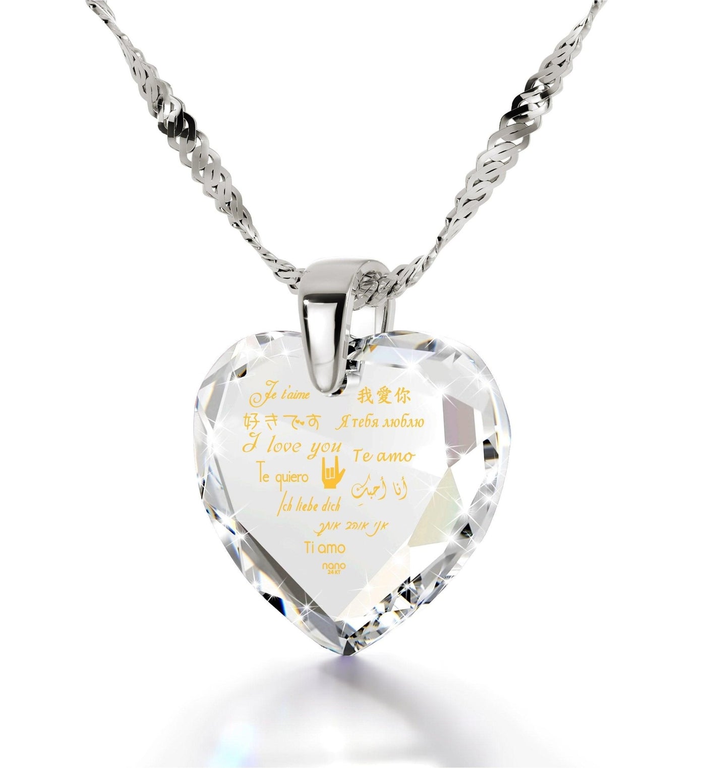 Silver Heart Necklace I Love You in 12 Languages 24k Gold Inscribed Cubic Zirconia - ItemBear.com