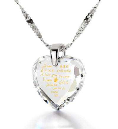 Silver Heart Necklace I Love You in 12 Languages 24k Gold Inscribed Cubic Zirconia - ItemBear.com